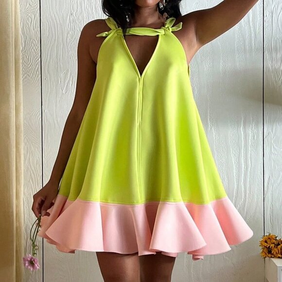 Green- pink elegant Women's Sleeveless Ruffle Hem Mini dress - Picture 10 of 10